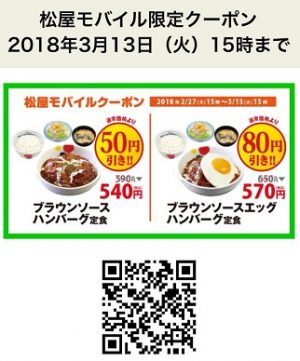 松屋クーポン「ブラウンソースハンバーグ」2018年2月28日～3月13日